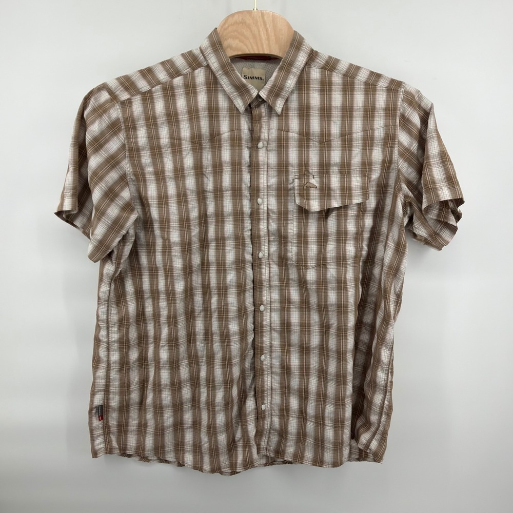 Simms Fishing Shirt Mens 2XL Brown White Pink Plaid Vented Pearl Snap